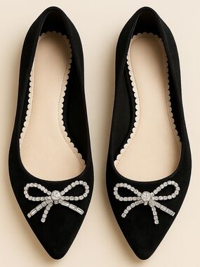 Isaac Mizrahi Black Pointed Flats with Rhinestone Bow